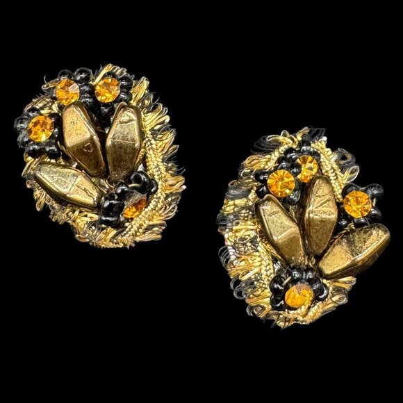 Vintage Clip-on Earrings Gold Tone Yellow Stones Filigree Thread - Picture 1 of 6